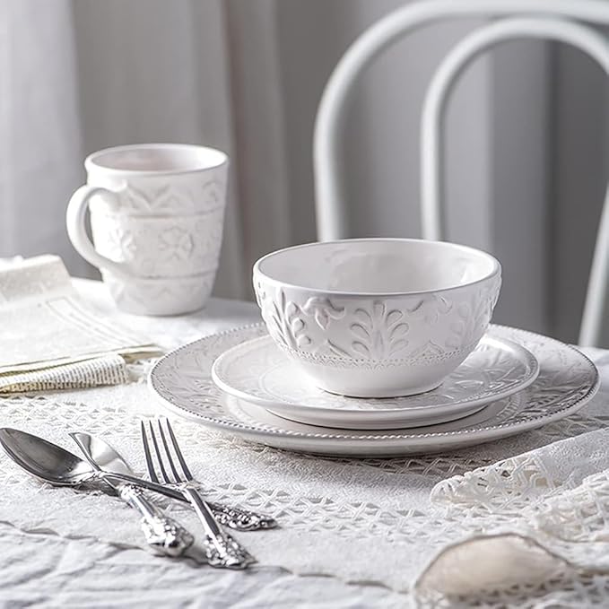 ☆Ceramic Dinnerware Set, 14 PCS Plates Set, Dishes Set, White Underglaze Dinner Sets - Retro Embossed Dinner Plate Soup Plate with Floral Pattern for Family Party, Service for 4,White, size