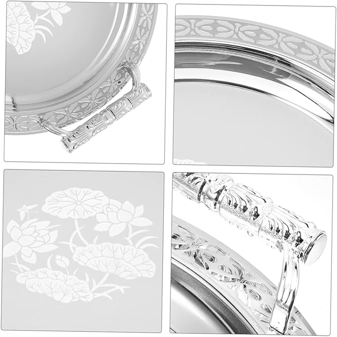 GLEAVI Silver Plated Round Pattern Tray Charcuterie Fruit Holder Serving Dish Plates