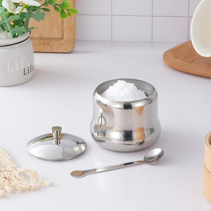 2 pack 13oz Stainless Steel Sugar Bowl Decorative Silver Ghee Container with Spoon and Metal Lid Small Spice Jars for Seasonings Condiment Pot for Kitchen Coffee Table