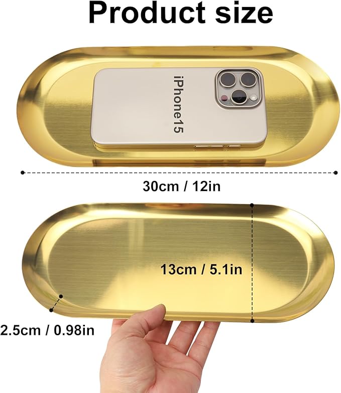 8 Pack 12 Inch Oval Stainless Steel Decorative Tray, Stainless Steel Tea Fruit Tray, 12 inch Gold Oval Trays for Bathroom Vanity, Jewelry, Perfume & Key Organizer (Gold)