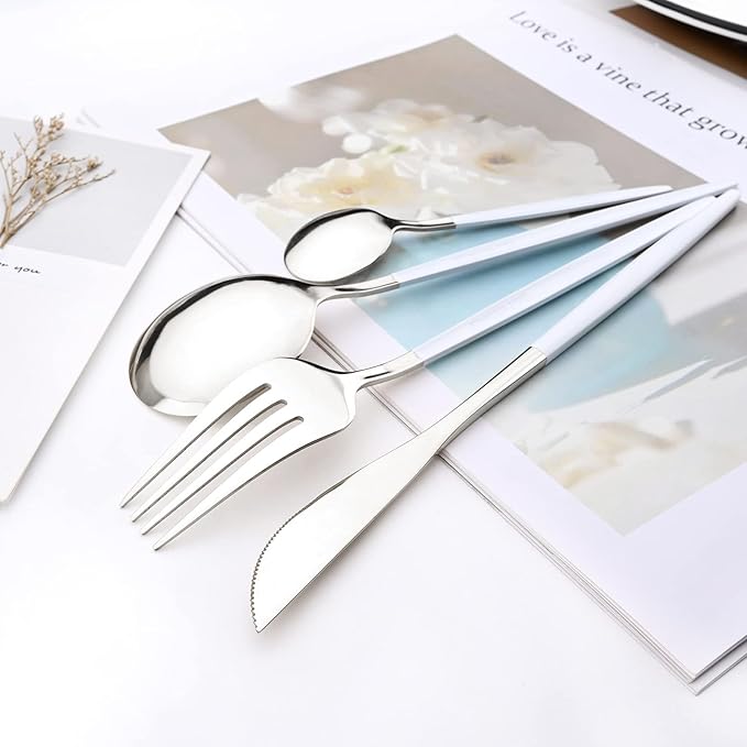 Mirror Cutlery Serving Set, 24-piece 18/0 Stainless Steel Silverware With White Handle Simple & Modern Tableware For Home Party Restaurant Christmas Dinner, Service For 6 (White Silver)