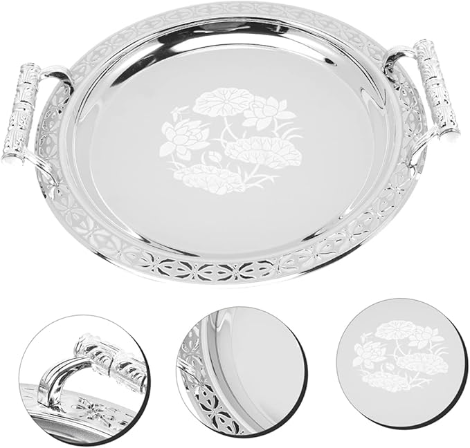 Stainless Steel Floral Pattern Serving Tray Fruit Platter and Candy Storage Plate for Home Portable Snack Holder for Picnic and Table Decor