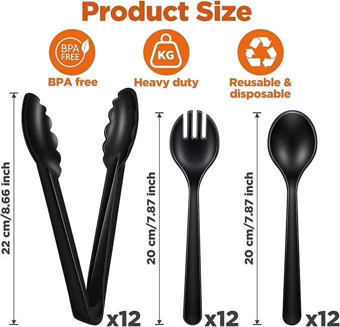 36 PCS Disposable Serving Utensils Set - 12 Heavy Duty Plastic Spoons Forks Tongs for Buffet Catering Party Supplies, Black Serving Utensils for Restaurant Wedding Banquet Dinner Salad Soup
