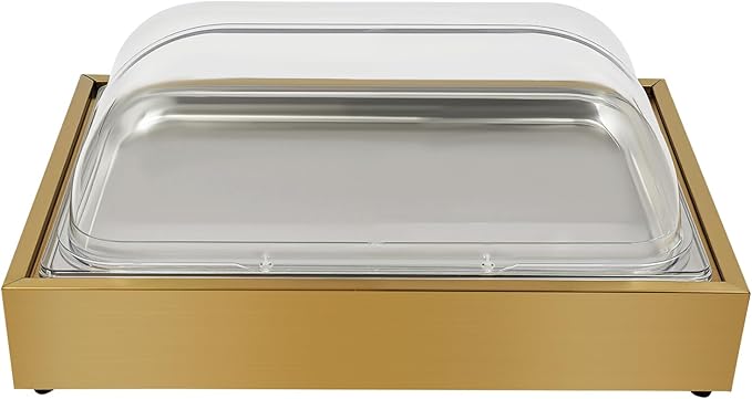 Single Compartment Ice Food Display Tray, 1.59Gal Stainless Steel Buffet Cooler Platter with Clear Lid & Reusable Gel Ice Box, for Outdoor Party Restaurant - Gold (Gold-1)