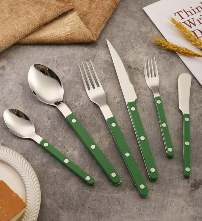 ABS Rivet Handle Marble Pattern Handle Kitchen Stainless Steel Silverware Tableware Flatware Cutlery Knives Forks Spoons Set,Butter Knife Dessert Spoon Fork (6-piece set -1 set,Green)