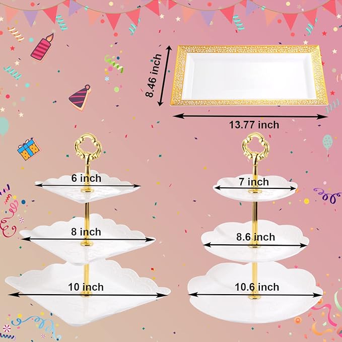 Supernal 3 Tier Cupcake Stands - 6pcs Plastic Trays, 4 Pack Round & Square Cake Trays Set