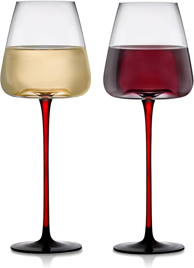 LEMONSODA Concave Champagne & Wine Glasses - Modern Red Stem & Black Bottom for Sparkling Wine, Rosé, Prosecco, Champagne – Handcrafted Barware, Perfect for gift (20oz, Set of 2)