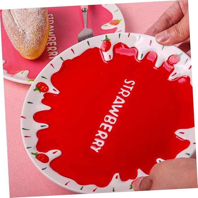 Food Serving Dish Hand-painted Strawberry Ceramic Plate for Pasta Desserts and Breakfast Cute Tableware for Birthday Parties and Home Use