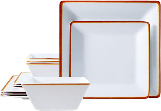 TP 12-Piece Dinnerware Set, Melamine Dishes Set with Bowls and Plates, Non-breakable and Lightweight Square Dinner Set for 4, White with Rim