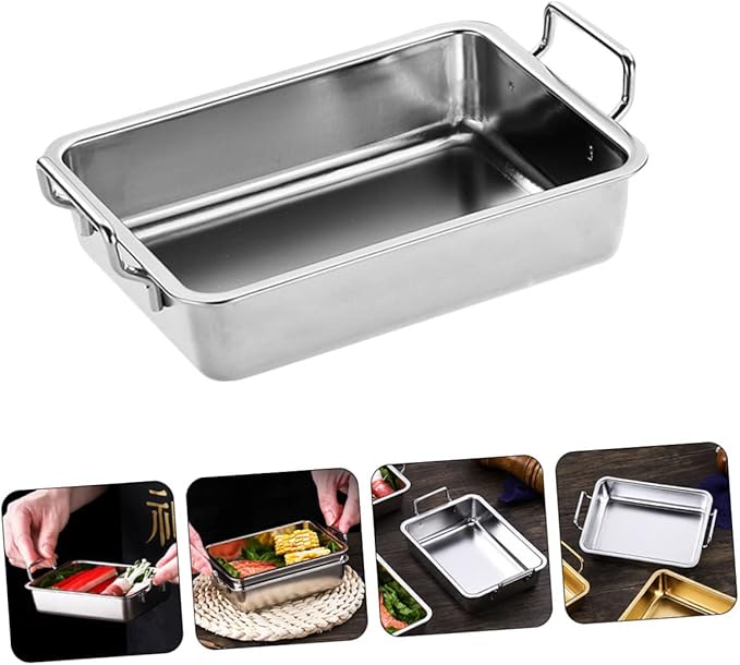Ciieeo 1Pc Stainless Steel Food Tray with Handles Snack Holder for Fruits Snacks Rustproof Silver Serving Dish Easy to Clean Barbecue Plate for Home Use