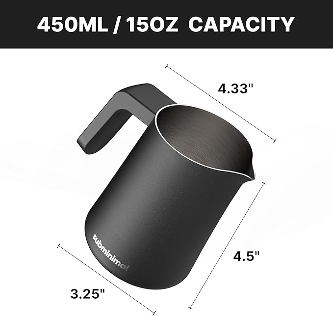 Subminimal FlowTip Milk Jug - Stovetop Milk Frothing, Foaming Pitcher for Barista-Style Coffee - Cappuccino & Latte Art Pouring Jug with Heat Resistant Handle - 450ml, Black