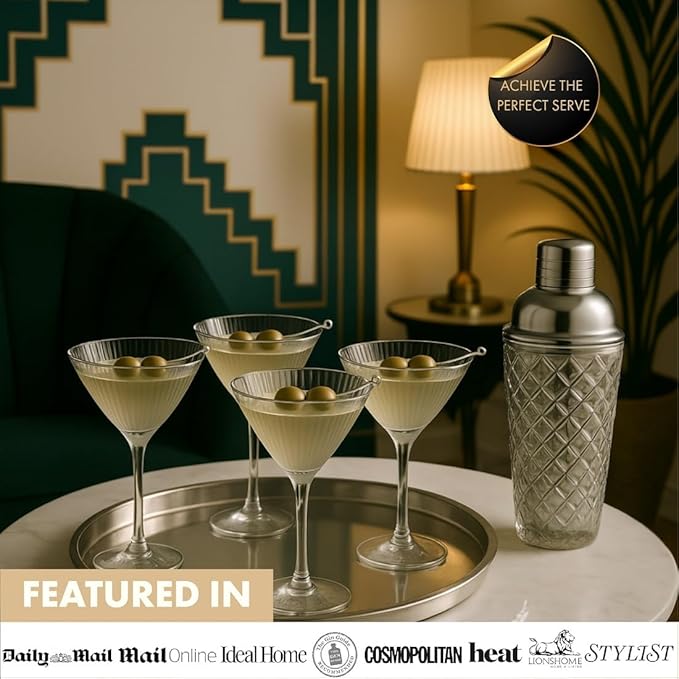 VEMACITY - Ribbed Martini Glasses Set of 4 | Silver Bar Tools - 8oz Cocktail Glasses | Espresso Martini, Margarita, Manhattan, Cosmopolitan - Art Deco Cocktail Gift Set | Ideal for Martinis