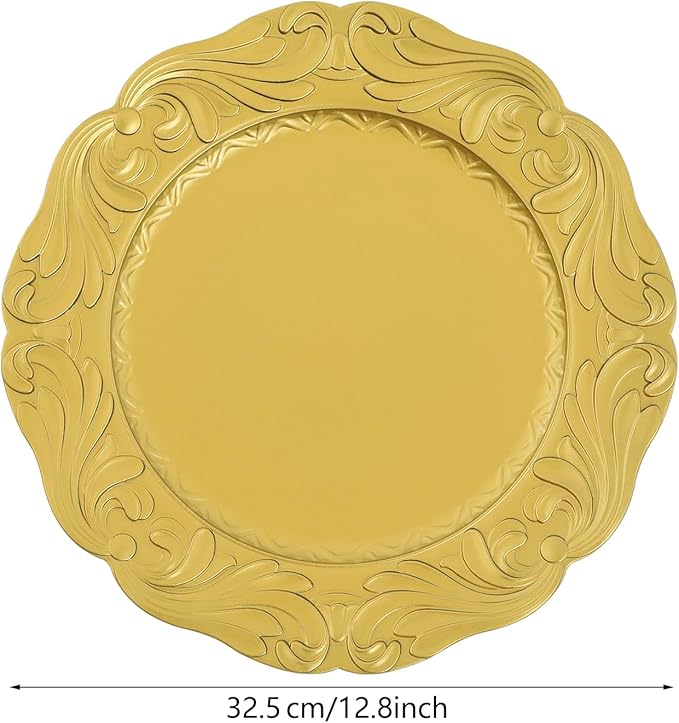 100 Pcs Antique Charger Plates Bulk Round Plastic Dinner Plate Embossed Rim Server Plate Decorative Chargers Floral Plates for Dinner Parties Wedding,13 Inch (100pcs-gold3)