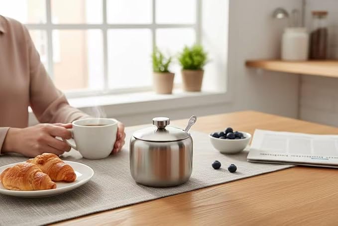 Sugar Bowl with Lid And Spoon, 14.5OZ Stainless Steel Sugar Creamer Container, 430 Milliliter Round Sugar Jar, Coffee Bar Decor, Home and Kitchen Storage, Silver