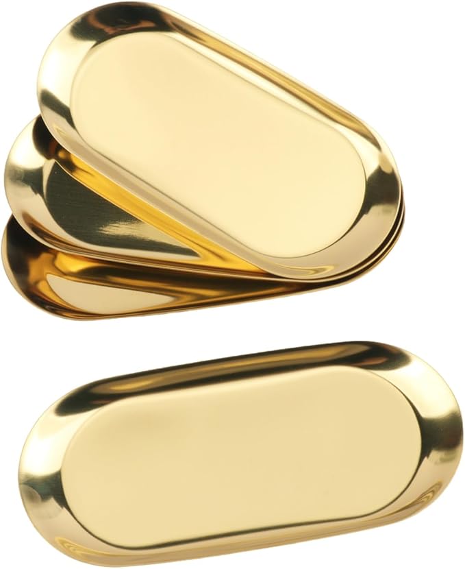 10 Pack 7 Inch Oval Stainless Steel Decorative Tray, Stainless Steel Tea Fruit Tray, 7 inch Gold Oval Trays for Bathroom Vanity, Jewelry, Perfume & Key Organizer (Gold)