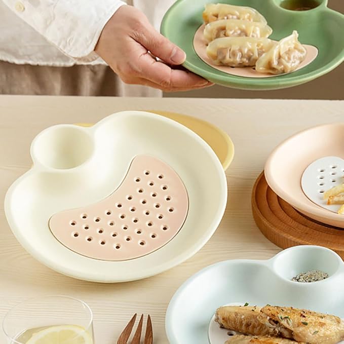 Luxshiny Ceramic Dipping Plate Dumpling Serving Tray Sauce Compartment Oval Shape Kitchen Plate