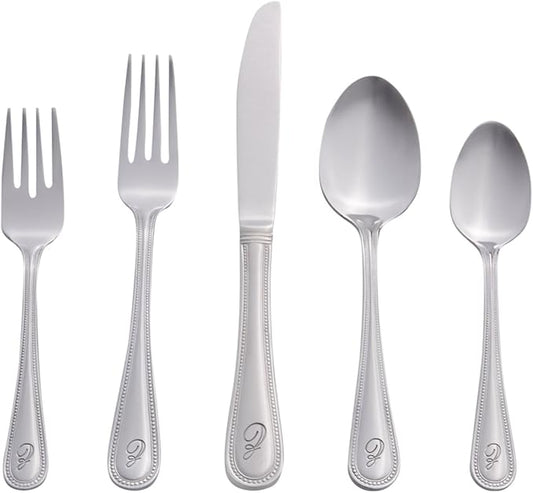 RiverRidge Monogrammed Beaded Flatware Set - Z - 46-Piece Silverware with Custom Letter Stamp, 18/0 Stainless Steel Utensils Set for Daily Use & Special Occasions - Dishwasher Safe, Versatile Design