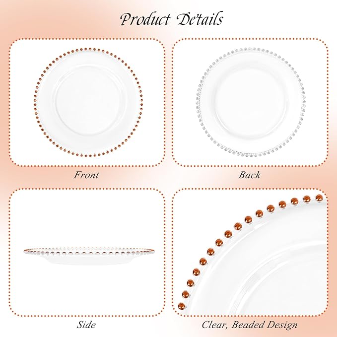 12 Pack Clear Charger Plates with Beaded Rim, 13 Inch Plastic Chargers for Dinner Plates Acrylic Round Tabletop Decoration for Home Kitchen Catering Wedding Table Event Party Dinner (Orange)