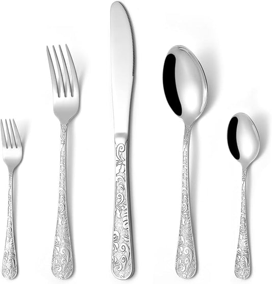 20-Piece Vintage Carved Silverware Set, 18/10 Stainless Steel Flatware Set for 4, LaienLife Mirror Polished Modern Utensil Set, Including Forks Spoons Knife for Home & Kitchen, Dishwasher Safe Cutlery