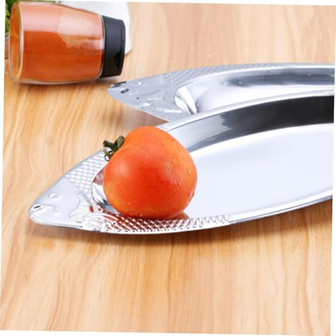 Ciieeo 2Pcs Stainless Steel Fish Shaped Plates Creative Food Trays for Serving Fish and Kitchen Dishware Silver