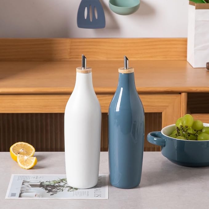 Sweejar Glossy Ceramic Olive Oil Dispenser Bottle with Spout, 17 Oz Oil Dispenser for Kitchen, Opaque Oil Cruet for EVOO, Vinegar, Avocado Oil Container for Cooking, Pack of 1 (Glossy Fog Blue)