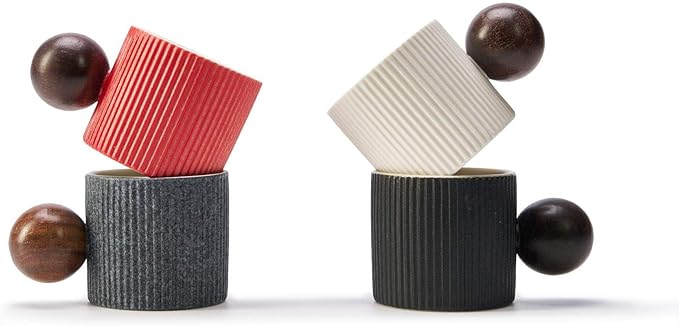 CLASGLAZ Ceramic Mini Espresso Cups Demitasse Cups with Round Wooden Handle Vertical Stripes Tea Cups (gray, 4pcs)