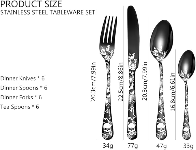 XIAOYU 24-Piece Halloween Themed Skull Silverware Set, Gothic Skull Pattern Design, Stainless Steel Flatware Set Serving for 6, Knives Forks Spoons Cutlery Daily Halloween Party Event, Blue
