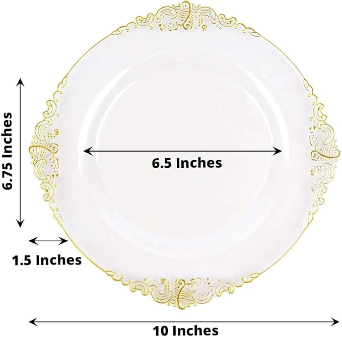 10" Dinner Plates -Set of 30 - Plastic Clear Gold Round Baroque Disposable Chargers Leaf Embossed Rim, Ideal for Dinner Party Wedding Bulk Events
