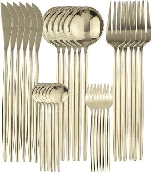 Gugrida 30Pcs Mirror Polish Champagne Gold Cutlery Set 304 Stainless Steel Dinnerware Set Kitchen Tableware Set Fruit Cake Fork Flatware Silverware Table Set,Service for 6