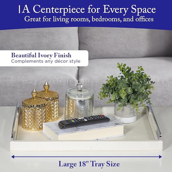 Large Serving Tray 18 by 14 Inch, Luxury Faux Shagreen Leather Ottoman Tray with Metal Handle, Waterproof and Sturdy Tray for Coffee Table, Makeup, Vanity, Organizer, Decorative Tray, Ivory