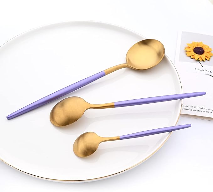 24-piece Snplowum Matte Gold Tableware, 18/10 Stainless Steel Utensils Heavy Serving Set With Purple Handle For Dinner & Dessert Home Restaurant Flatware Set, Service For 4 (Purple Gold)