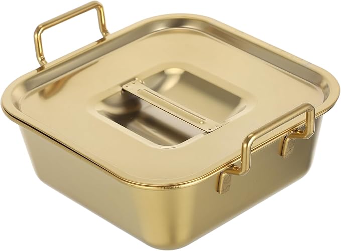 NUOBESTY Stainless Steel Square Snack Basket with Lid and Handles, Food Serving Tray for Fried Chicken, French Fries, Desserts, Party, Buffet, Kitchen (Golden)