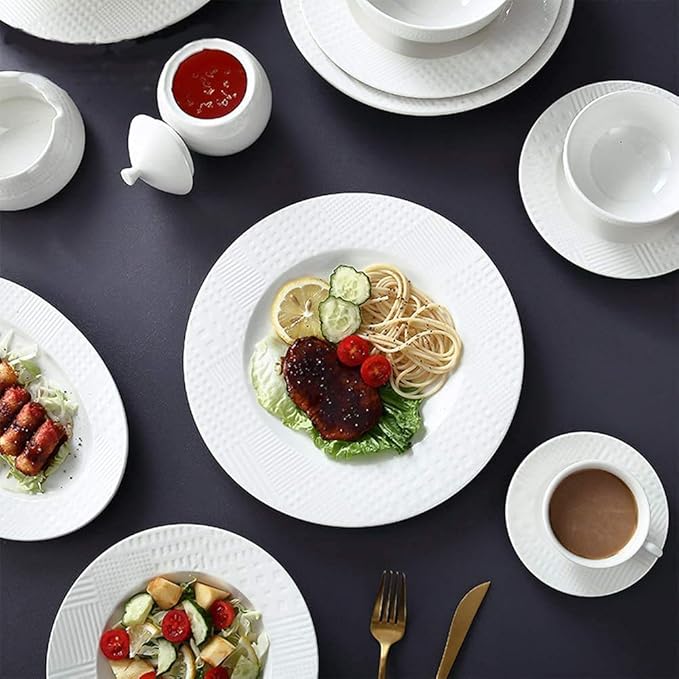 Dinner Plates,Pottery Tableware,48 Pieces Dinnerware Sets, White Ceramics Dinner Sets, Complete Porcelain Combination with Plates, Bowls, Mugs, Coffee Cups and Tea Pot, M