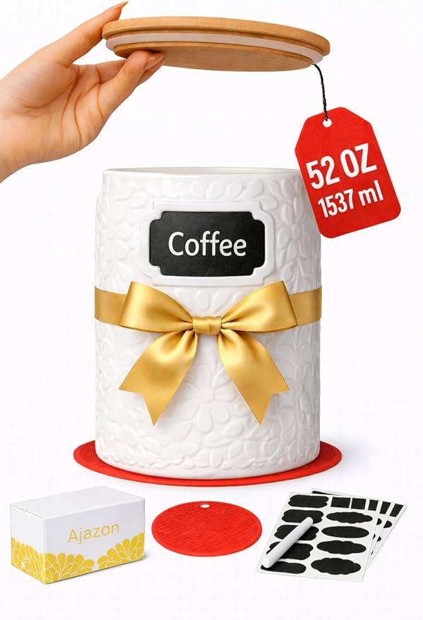 Ceramic Canister for the Kitchen (52oz/1537ml) – Airtight Kitchen Counter Storage with Bamboo Lids, Decorative Flour Sugar Coffee Jars for Pantry & Home