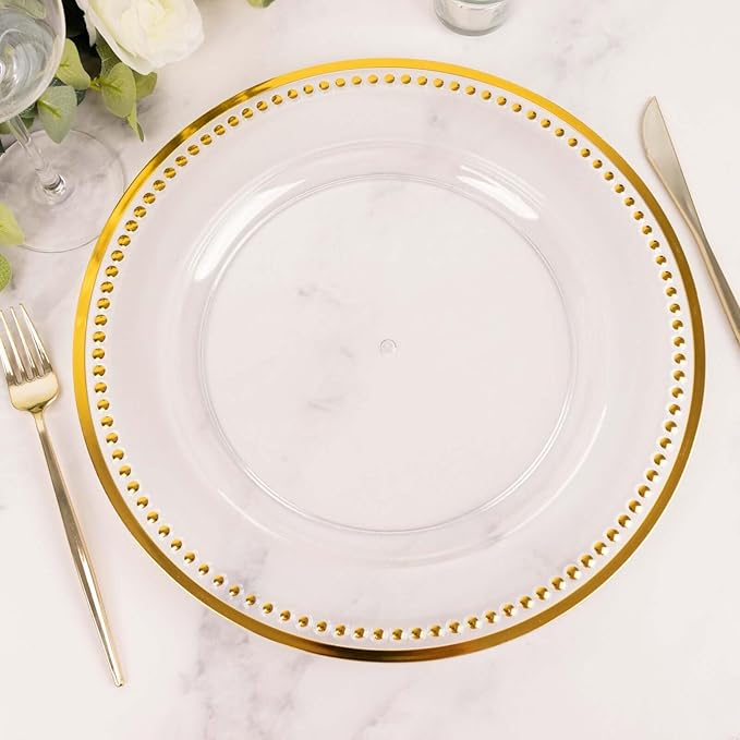 13" Charger Plates -Set of 12 - Acrylic Clear/Gold Round Beaded Disposable Chargers, Ideal for Dinner Party Wedding Bulk Events Tabletop Decoration