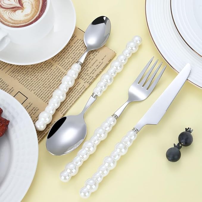 Silverware Flatware Cutlery Set, 4/16/24/32 Pieces 304 Stainless Steel Knives, Forks And Spoons, Creative Pearl Ceramic Handle Tableware, Steak Knives, Forks, Dessert Spoons(Purple,4Set-16Pc