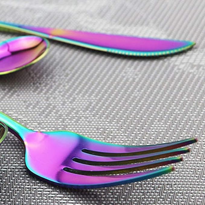 JASHII 24 Piece Titanium Rainbow Color Plated Stainless Steel Flatware Set, 24 Pieces Colorful Silverware Set, Mutil Color Silverware Set Cutlery Sets, Service for 6 (Shiny Rainbow)