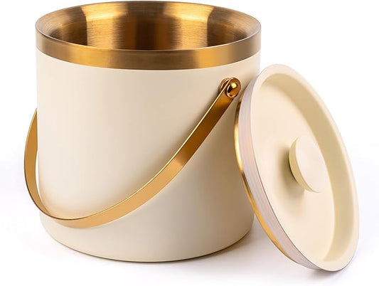 3L beige white Double Wall Insulated Stainless Steel Ice Bucket with scoop for Cocktail Bar,Metal Ice Bucket for freezer with Lid for parties.ice Container to Keep Ice Colder,bar cart accessories