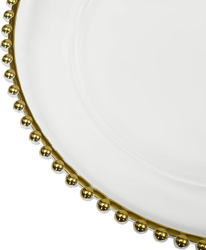 25Pcs Antique Clear Charger Plates, 13" Round Decorative Reef Chargers for Dinner Plates, Reusable Plastic Charger Plates Bulk with Gold Bead Rim for Wedding, Dinner, Party, Bridal Shower