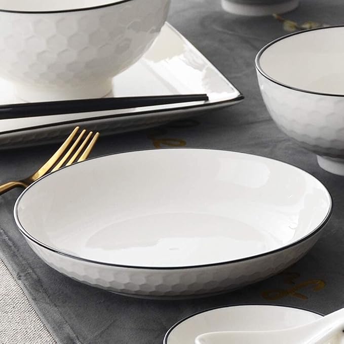 60 Pieces White Dinnerware Set Dishes - Dinner Plates and Bowls Sets Service for 12, Luxury Ceramic Dishes Set, Nordic Style Black Line Diamond Pattern, for Family Friend (White 26 Pcs)