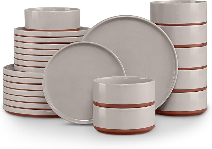 LIANYU Plates and Bowls Sets, 24 Pieces Stoneware Dinnerware Set for 8, Modern Kitchen Dinner Set Ceramic Dishware Dishes Set, Microwave and Dishwasher Safe, Terra Brown