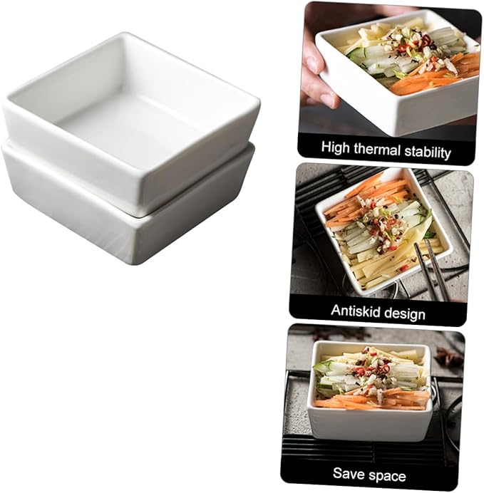 2pcs Square Ceramic Sauce Plates White Condiment Dishes Small Dipping Bowls for Sauces and Appetizers for Parties and Events