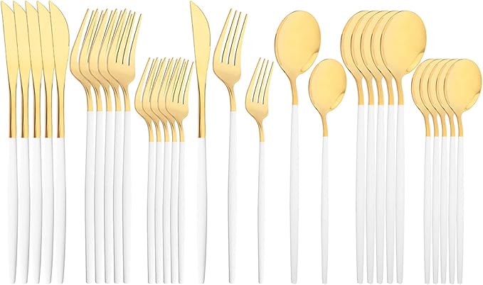 30-Piece Snplowum Mirror Flatware Serving Set, 18/0 Stainless Steel Dinnerware With White Handle, Modern Durable Home Kitchen Eating Tableware Set Service For 6 (White Gold)