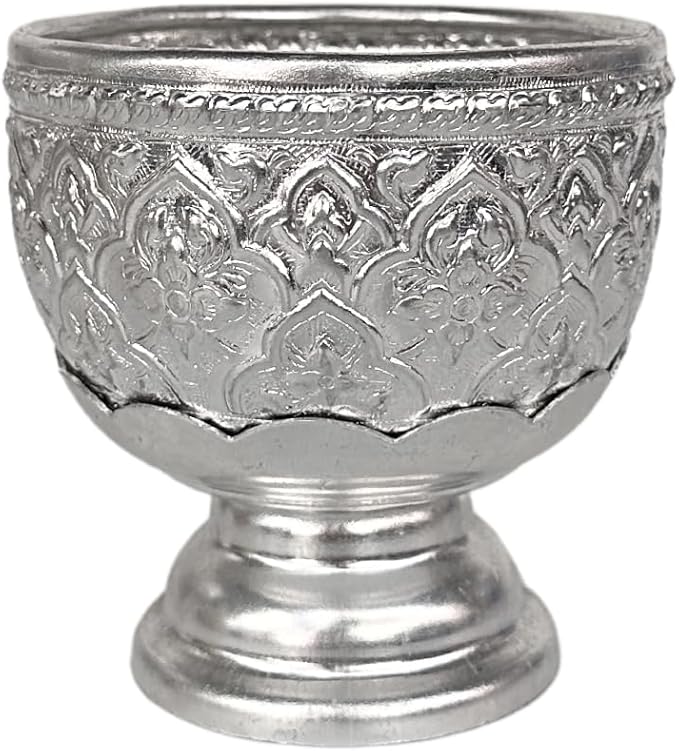 Thai Buddhism Bowl & Tray with Embossed Patterns, Silver Aluminum, Vintage Collection (8 CM)