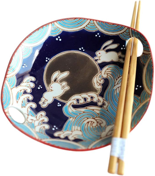 Ebros White Rabbits Jumping Over Black Moon Appetizer Snack Serving Coupe Plate Dish With Chopsticks And Built In Rest Set Small Flat Bowl For Hors D'oeuvres Sushi Ice Cream Serveware Plates (1)