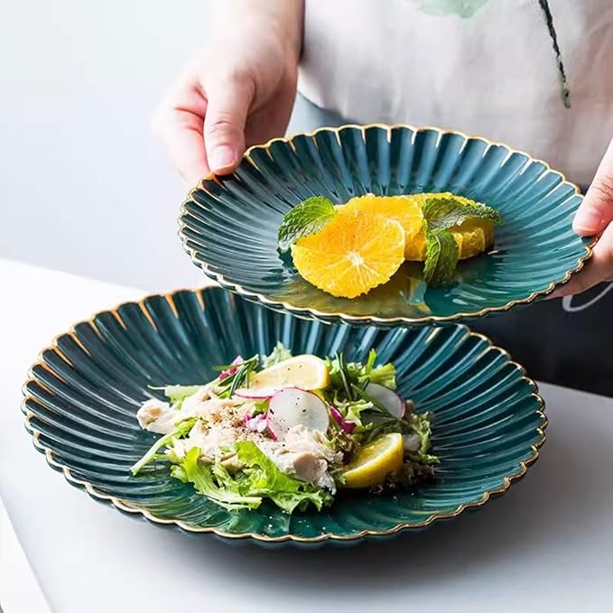 SONGCHAO Party Supplies European light luxury Western dinner plate, ceramic dark green chrysanthemum plate, dessert plate, fruit plate, cake plate Party Plates (Size : Medium)