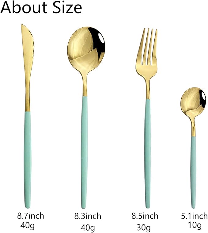 JASHII 24 Piece Titanium Mint Green Plated Stainless Steel Flatware Set,Mint Green Handle With Gold Mouth Utensils Set, Cutlery Set Service for 6