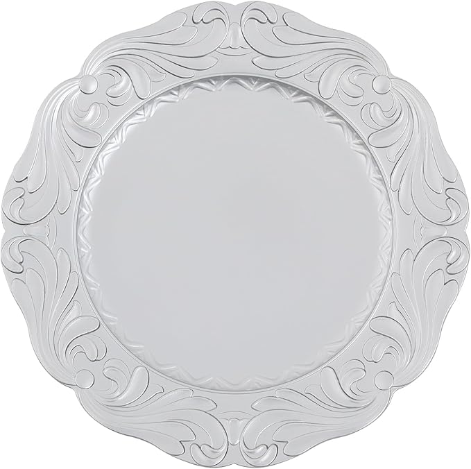 100 Pcs Antique Charger Plates Bulk Round Plastic Dinner Plate Embossed Rim Server Plate Decorative Chargers Floral Plates for Dinner Parties Wedding,13 Inch (100pcs-silver3)