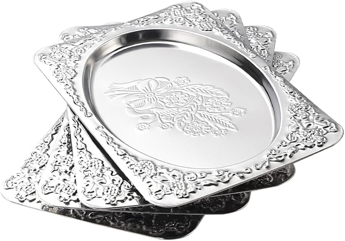 4-Pack Silver Serving Trays Set - ZENOVLUX Vintage Floral Engraved Mirror Decorative Tray, 13.8" x 8.7" Party Platters for Whiskey, Cookies, Charcuterie, Snacks, Desserts, Fruit, Party Food Display