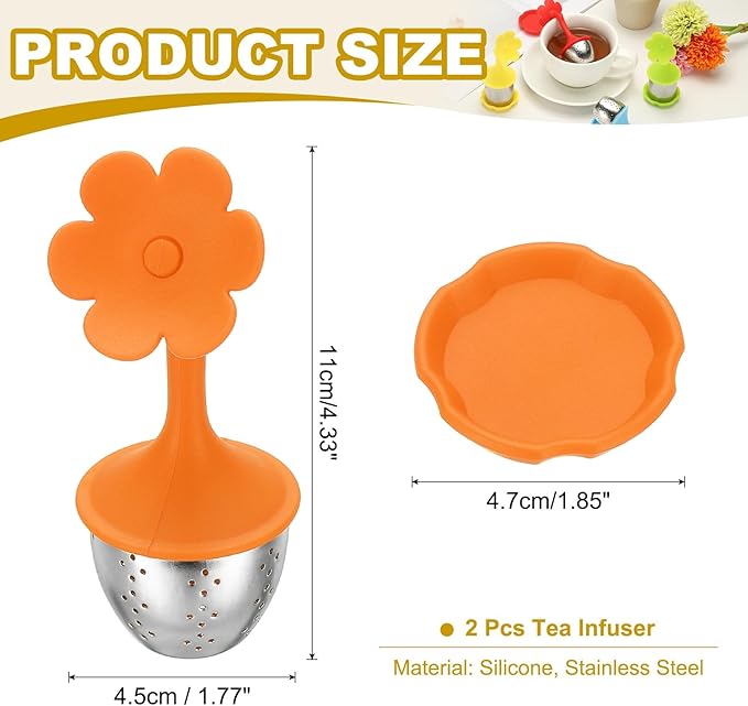 uxcell 2 Pcs Flower Tea Infuser, Stainless Steel Loose Leaf Tea Steeper Filter with Silicone Handle Reusable Coarse Pores Mesh Strainer Diffuser for Teacups Teapots Mugs, Orange